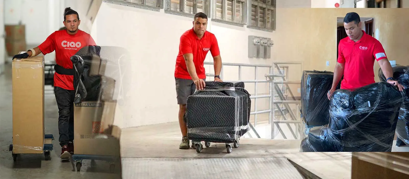 Ciao movers in red shirts carrying wrapped furniture on a dolly
