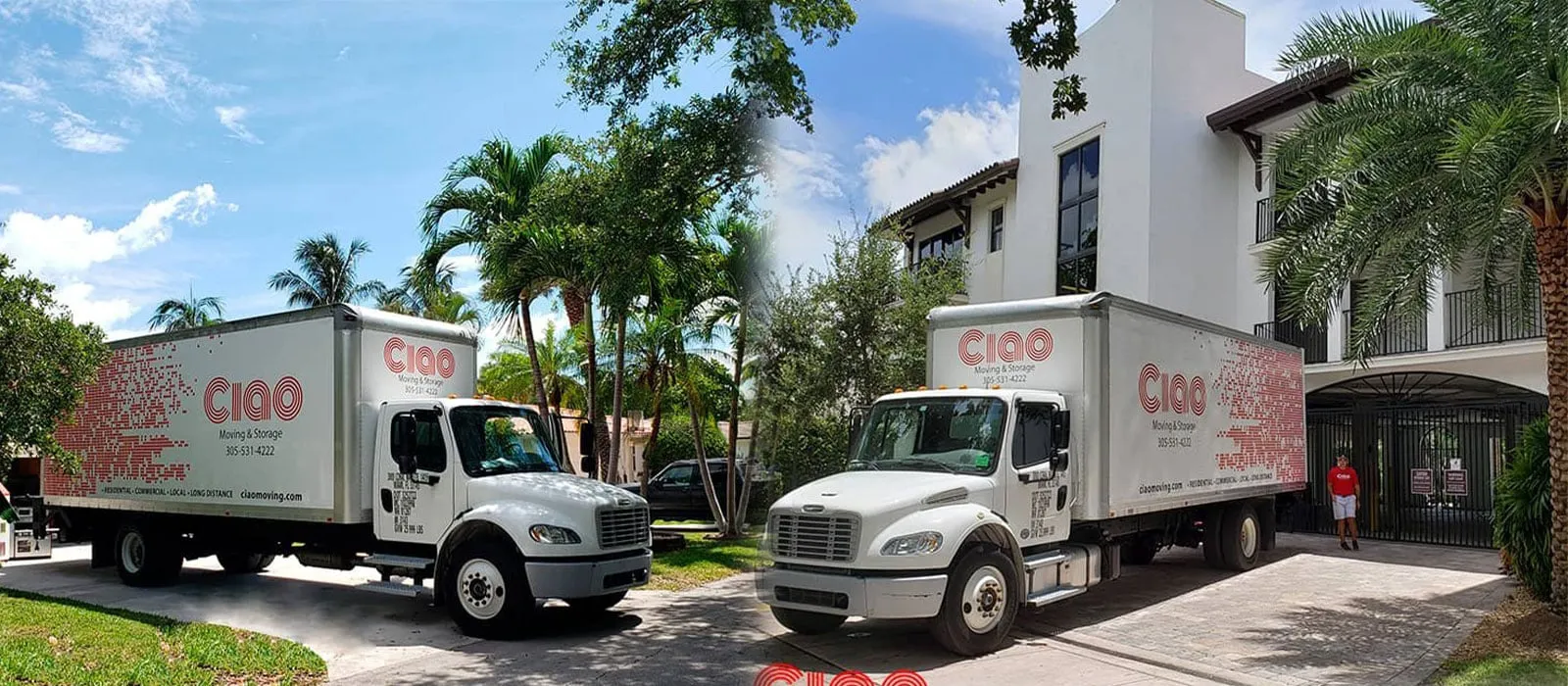 Two white Ciao Moving & Storage trucks parked outside a modern Miami home